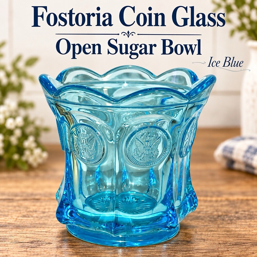 Vintage Fostoria Coin Glass Ice Blue Open Sugar Bowl 4.25” Americana